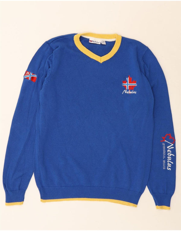 NEBULUS Suéter masculino gráfico com decote em V grande algodão azul