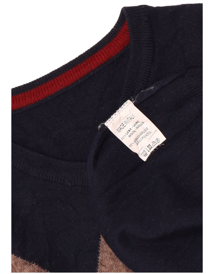 Suéter feminino vintage com decote em V UK 14 Médio Azul Marinho Argyle/Diamante