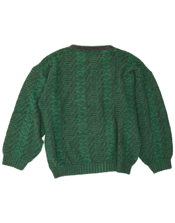 Suéter vintage masculino com gola redonda, verde médio geométrico