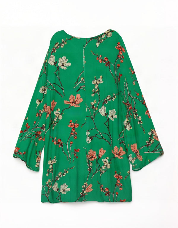 Vestido feminino Zara de manga comprida UK 12 seda floral verde médio