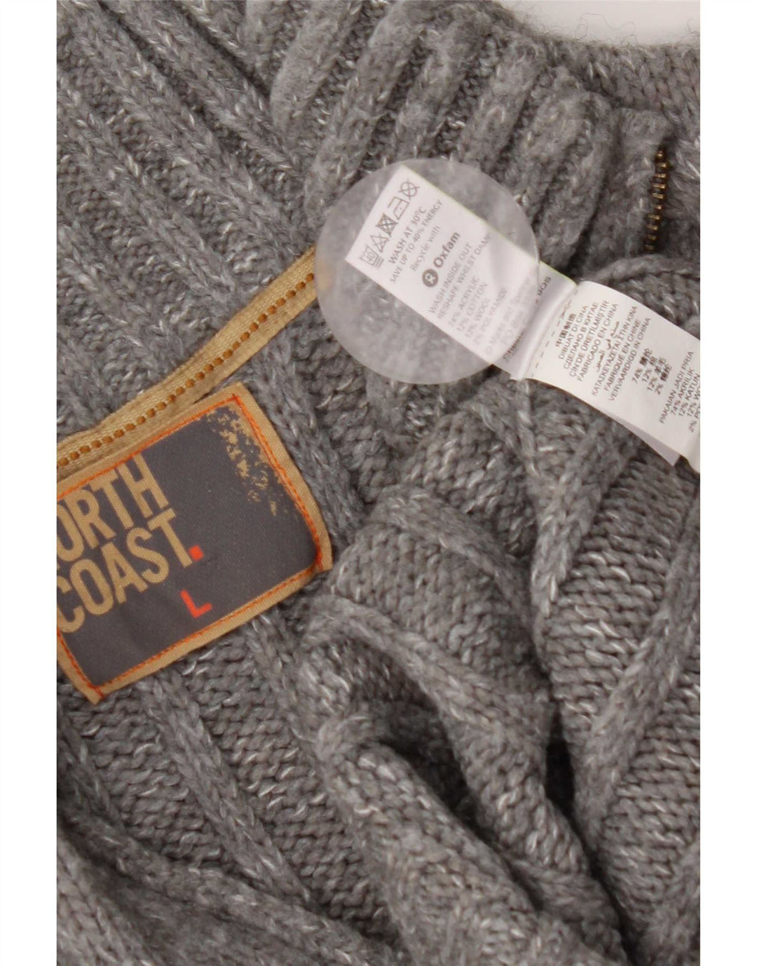 Suéter masculino Marks & Spencer com zíper e gola grande acrílico manchado cinza