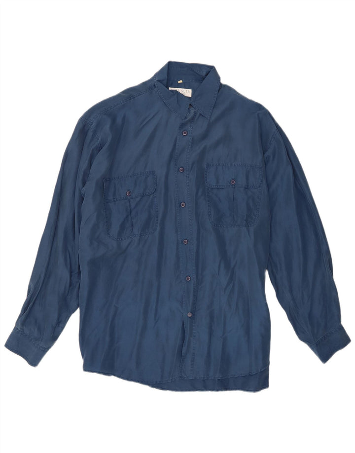 Camisa masculina vintage grande seda azul