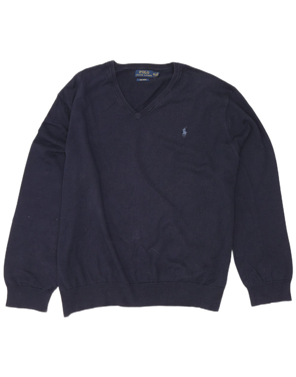 Suéter feminino Polo Ralph Lauren com decote em V UK 20 2XL algodão azul marinho
