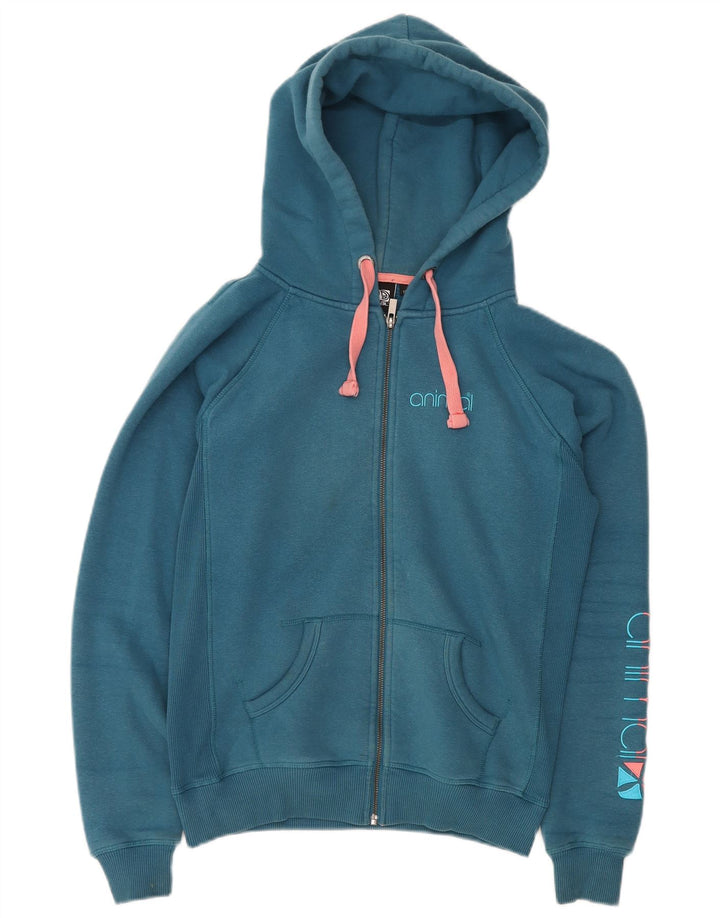 ANIMAL Suéter feminino com capuz e zíper gráfico Reino Unido 12 algodão azul médio