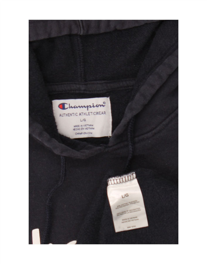 CHAMPION Mens Graphic Hoodie Jumper Large Navy Blue Cotton Vintage Champion and Second-Hand Champion from Messina Hembry 