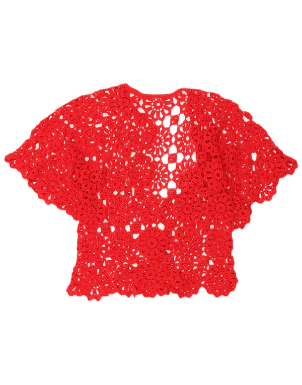 Cardigã feminino de crochê de manga curta VINTAGE Reino Unido 12 floral vermelho médio