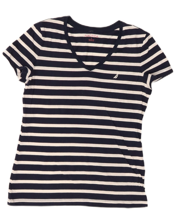 Camiseta feminina Nautica UK 10 pequena listrada azul marinho algodão