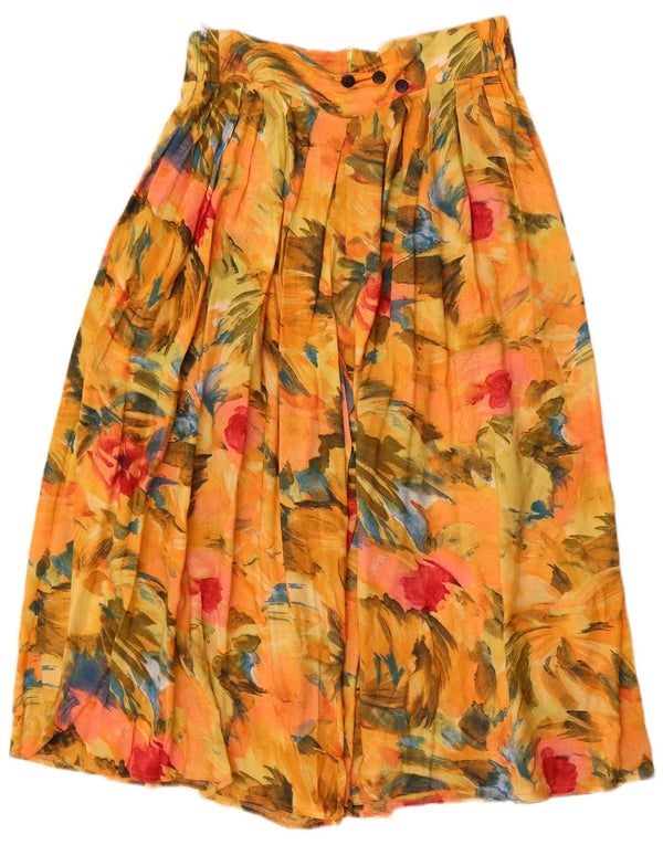 Saia plissada feminina vintage Reino Unido 16 grande W32 viscose floral amarela