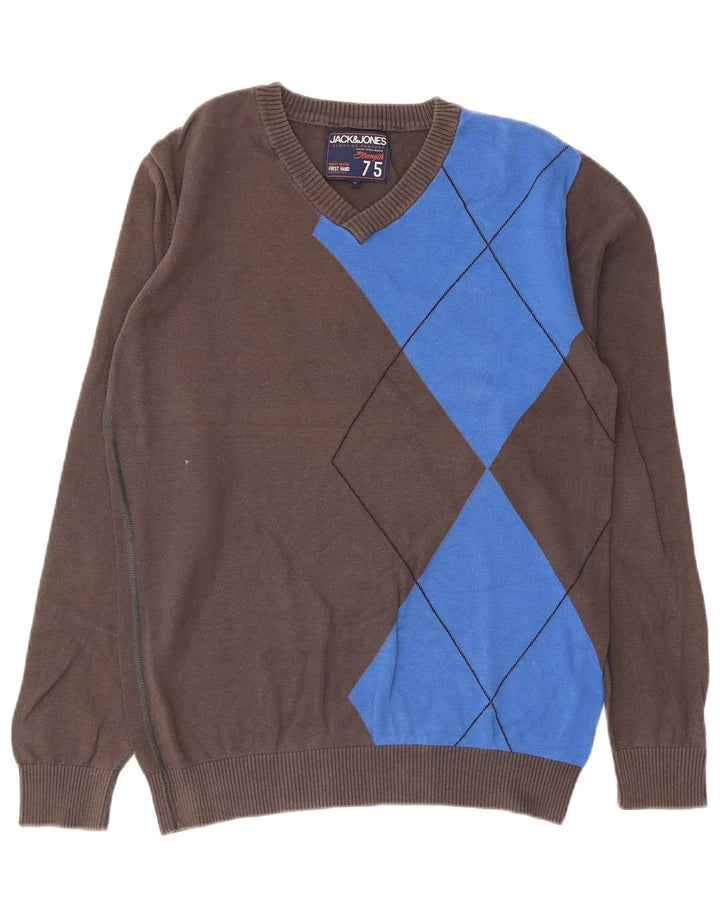 Suéter masculino Jack & Jones com decote em V grande cinza Argyle/algodão diamante
