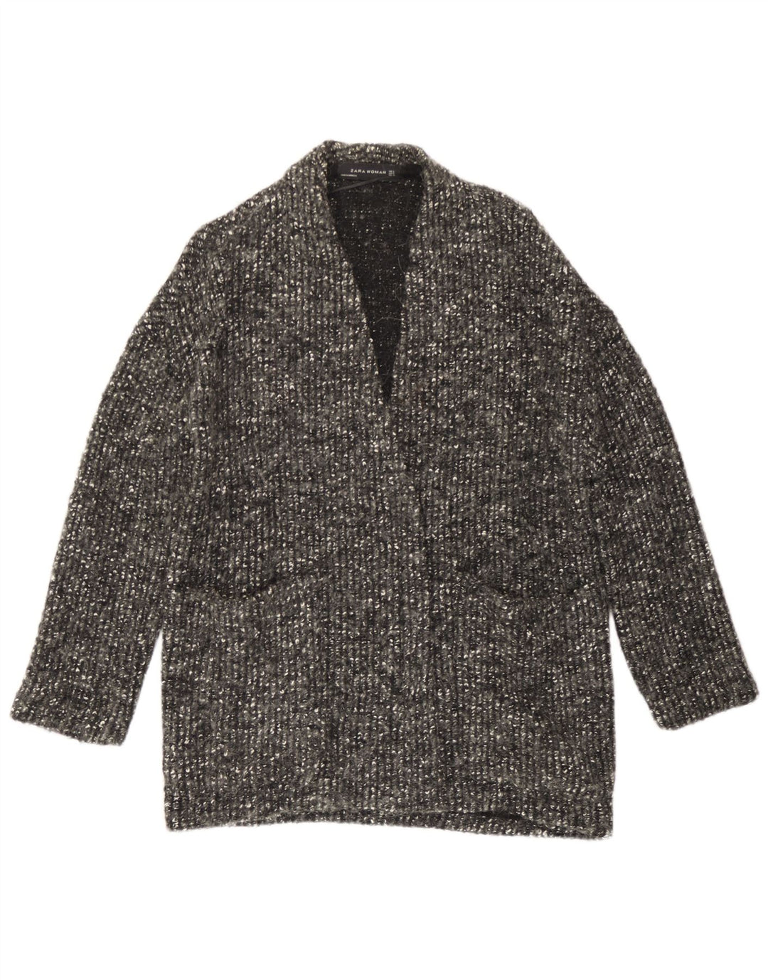 Suéter cardigã aberto grande Zara feminino Reino Unido 10 lã manchada cinza pequena