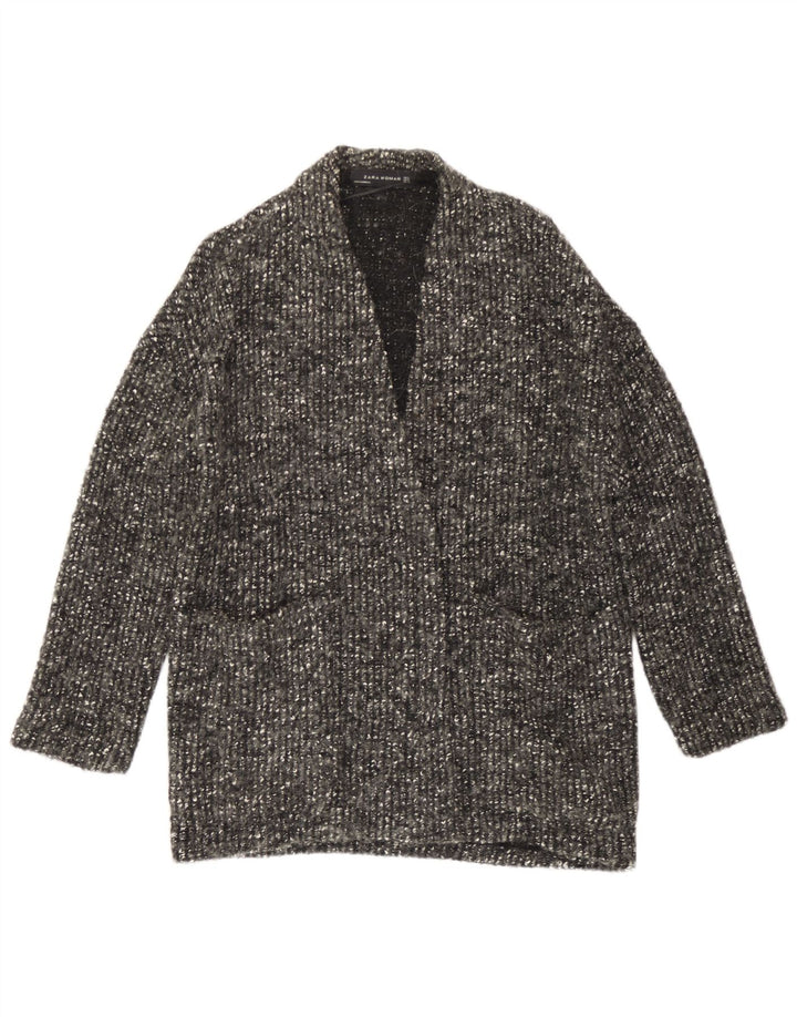 Suéter cardigã aberto grande Zara feminino Reino Unido 10 lã manchada cinza pequena