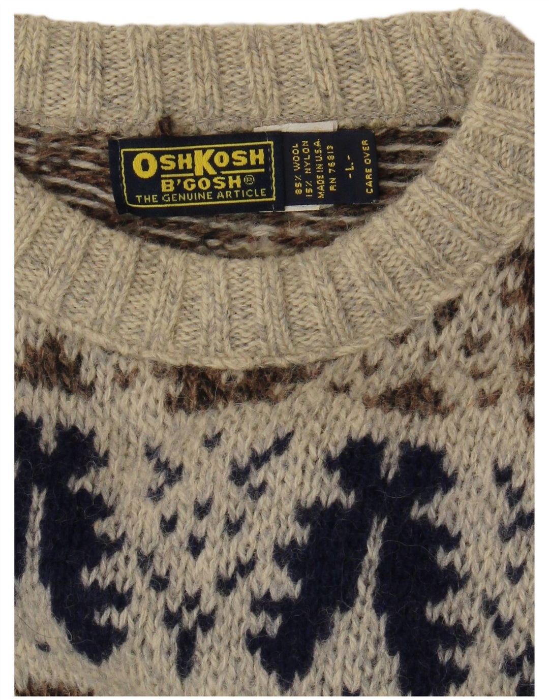 Suéter masculino Osh Kosh com gola canoa grande cinza Fair Isle Wool