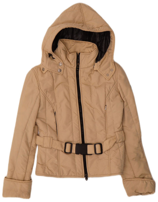 Jaqueta feminina Refrigiwear Cruz com capuz acolchoada UK 12 médio bege nylon