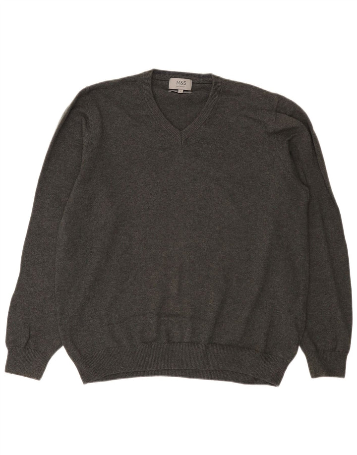 Suéter masculino Marks & Spencer com decote em V grande algodão cinza