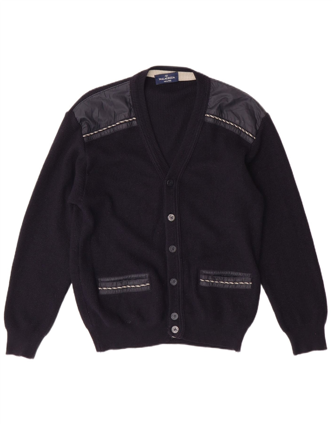 Suéter cardigã feminino Malagrida Reino Unido 14 lã azul marinho médio
