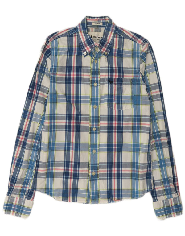 Camisa muscular masculina Abercrombie & Fitch 14-15 anos XL algodão xadrez azul