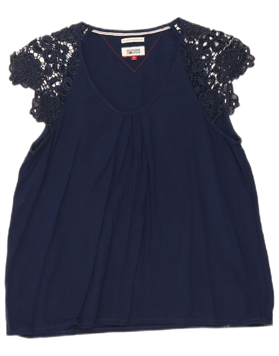 Blusa feminina Tommy Hilfiger UK 10 pequena azul marinho viscose