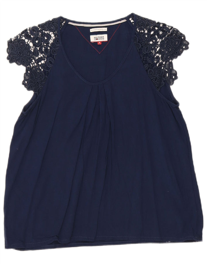 Blusa feminina Tommy Hilfiger UK 10 pequena azul marinho viscose