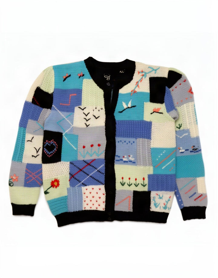 Suéter cardigã feminino vintage Reino Unido 16 grande patchwork multicolorido retrô