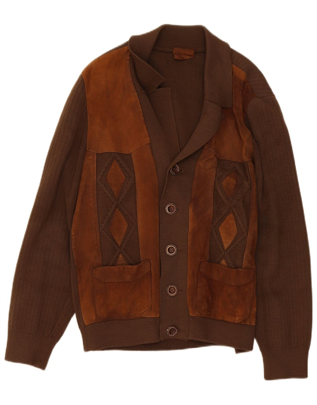 Suéter cardigã masculino vintage bloco colorido marrom médio
