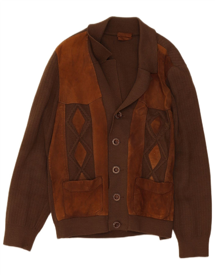 Suéter cardigã masculino vintage bloco colorido marrom médio