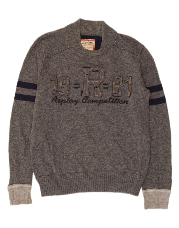 Replay Mens Graphic Crew Neck Jumper Sweater Small Grey Striped Retro