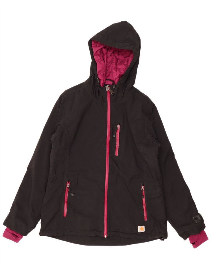 Jaqueta corta-vento feminina com capuz Carhartt EUA 8/10 poliéster preto médio