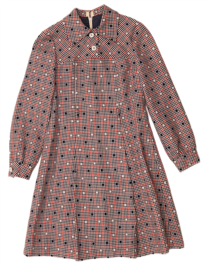 Vestido vintage feminino manga comprida linha A UK 10 pequeno xadrez multicolorido