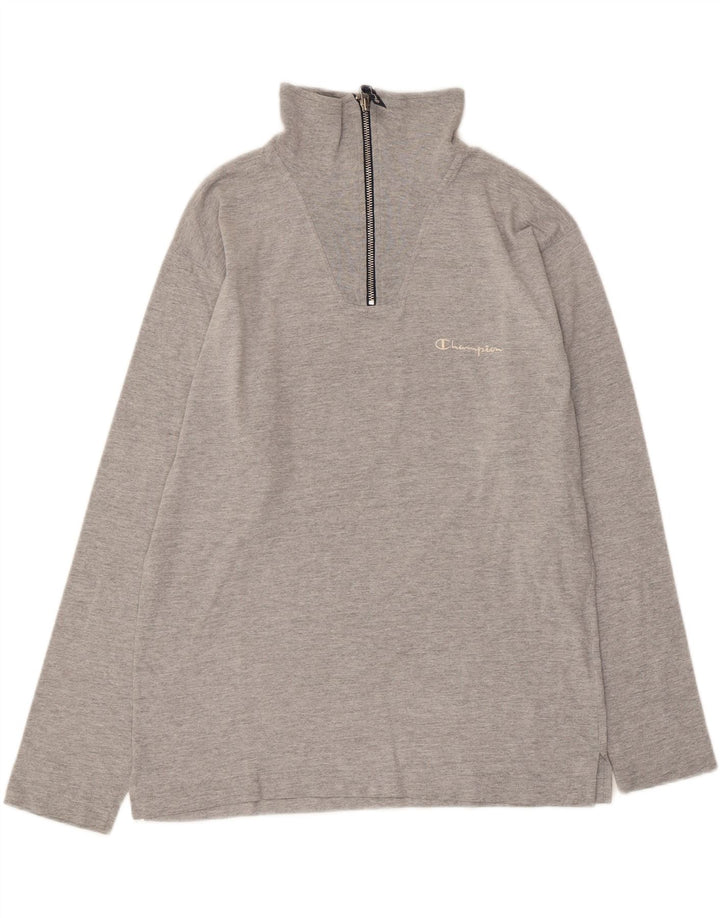 Champion Mens Zip Neck Top Manga Longa Pequeno Algodão Cinza