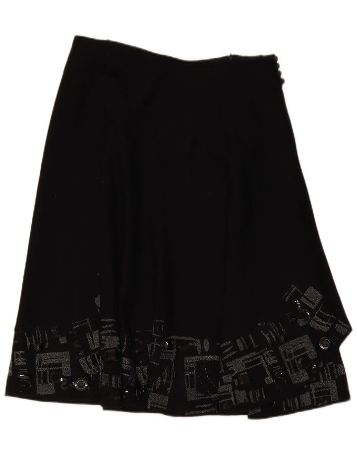 Monsoon Saia feminina evasê UK 12 médio W32 lã geométrica preta