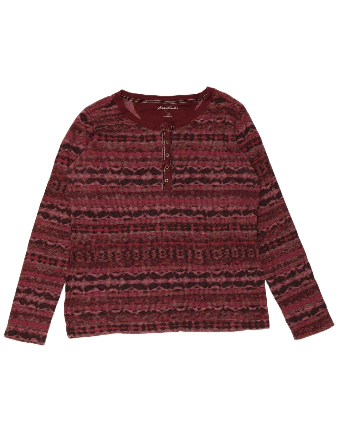 Eddie Bauer Top feminino manga comprida UK 18 XL Borgonha algodão geométrico