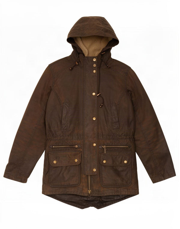 Jaqueta feminina de algodão encerado com capuz Barbour UK 8 pequena cáqui