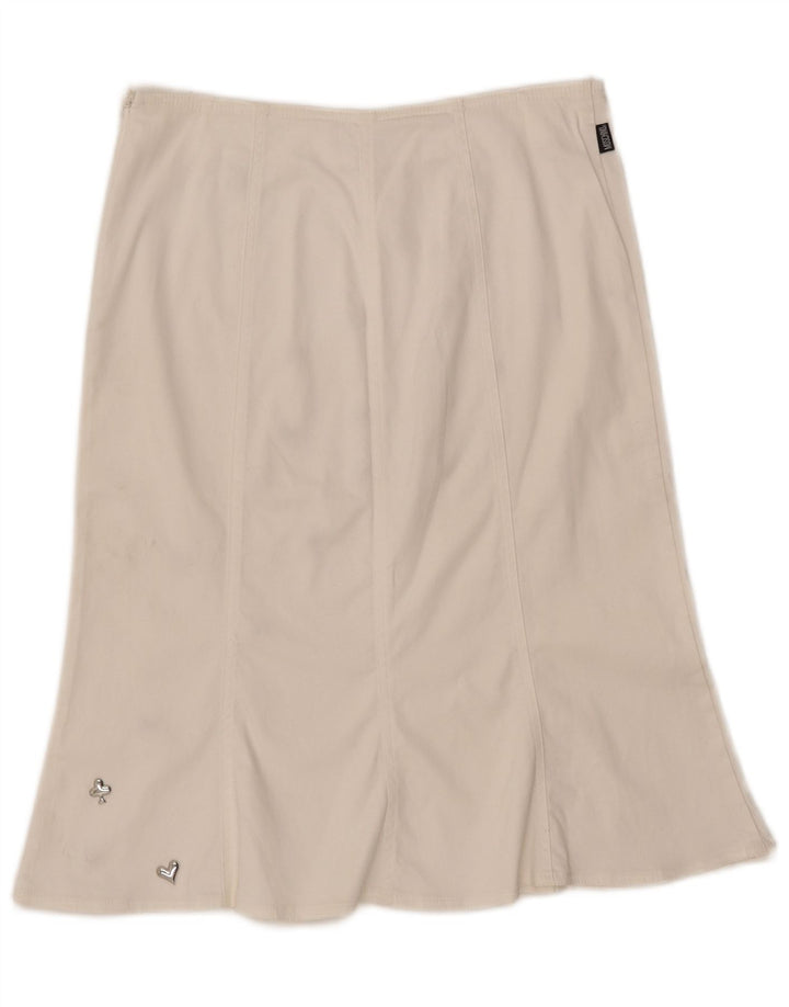 Saia feminina MOSCHINO cintura alta evasê Reino Unido 14 W30 L23 algodão branco
