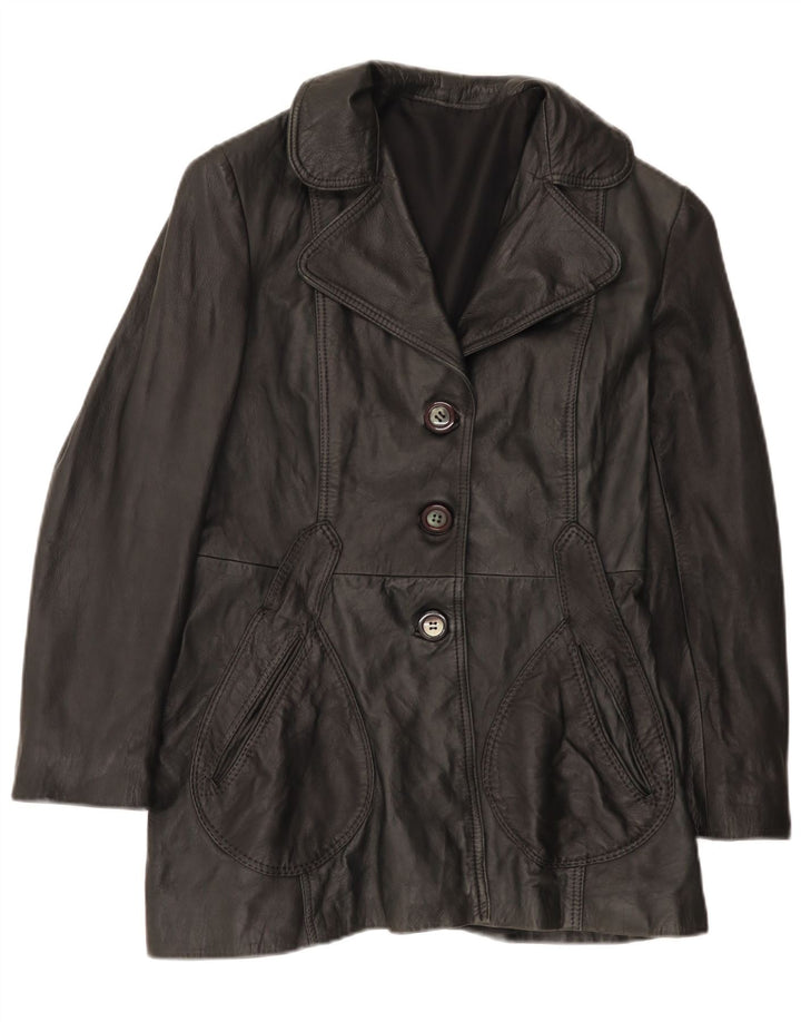 Jaqueta de couro feminina vintage UK 12 média preta