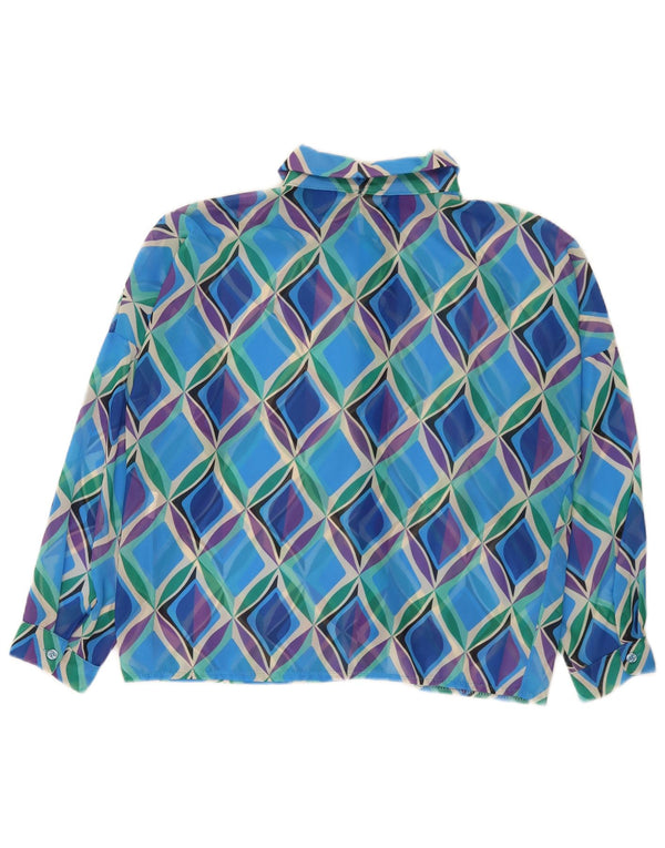 Blusa feminina vintage manga 3/4 Reino Unido 16 poliéster geométrico azul grande