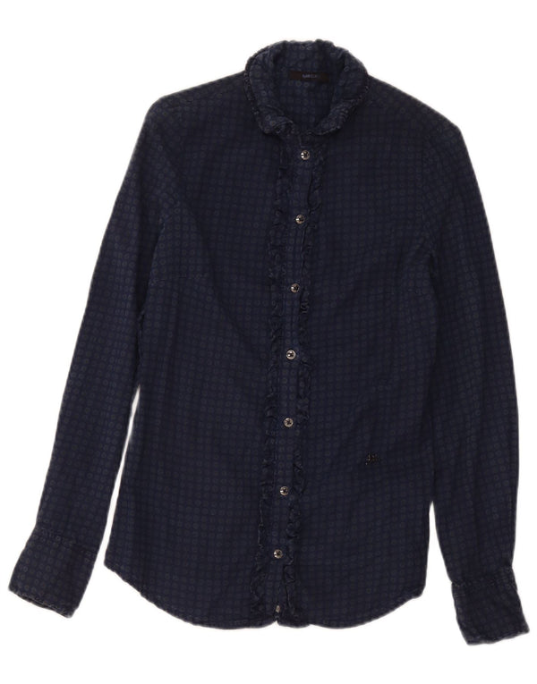 Camisa feminina Gas com babados na frente UK 2 2XS azul marinho algodão manchado