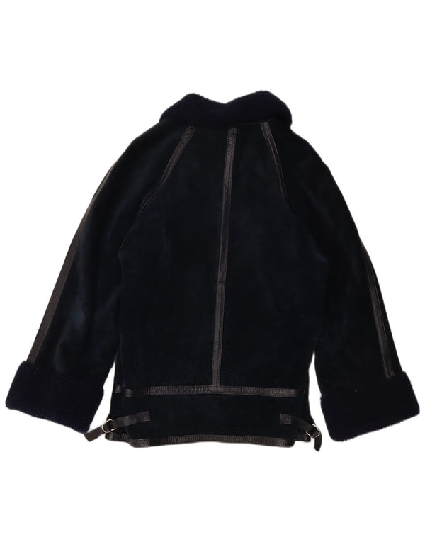 Jaqueta feminina VINTAGE de shearling IT 44 couro azul marinho médio