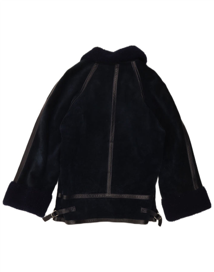 Jaqueta feminina VINTAGE de shearling IT 44 couro azul marinho médio