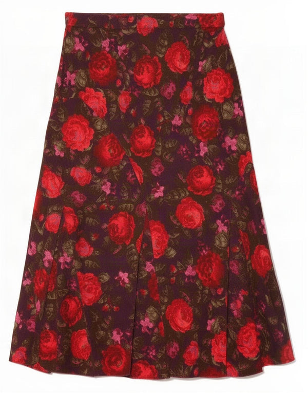 Saia feminina de veludo Marks & Spencer Reino Unido 12 médio W32 roxo floral