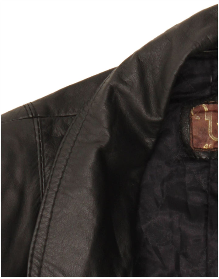 Jaqueta de couro vintage feminina com peito duplo IT 46 grande preta