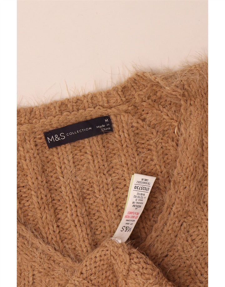Suéter feminino Marks & Spencer com decote em V Reino Unido 14 poliéster bege médio