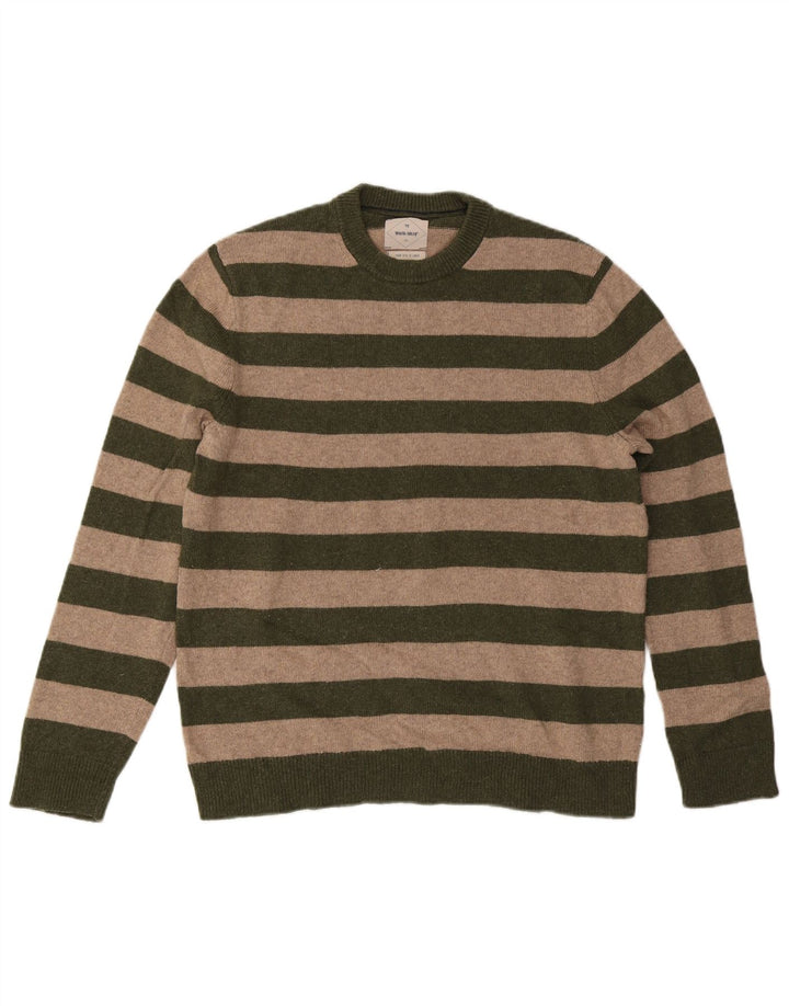 Suéter masculino branco com gola redonda listrado grande cáqui