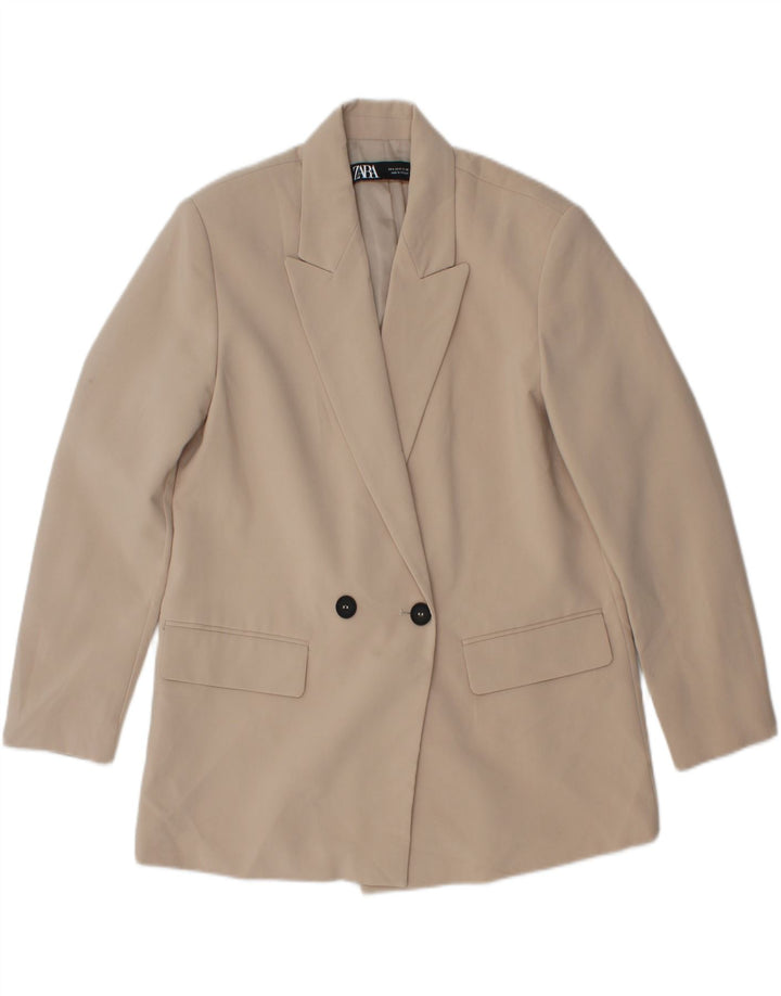 Jaqueta blazer feminina ZARA com peito duplo Reino Unido 10 poliéster bege pequeno