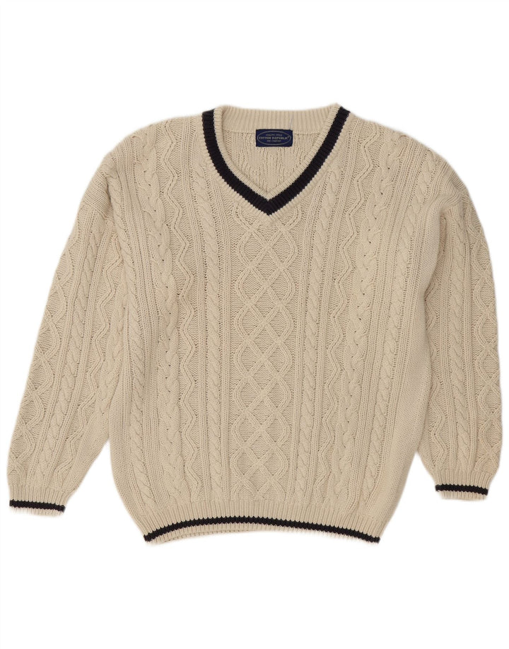 Suéter masculino Cotton Republic com decote em V, médio, algodão branco