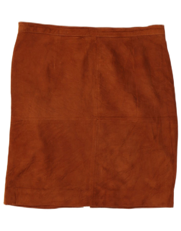 Saia reta de camurça feminina vintage UE 48 2XL W34 couro marrom