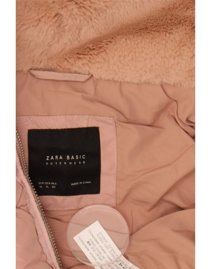 ZARA Jaqueta feminina acolchoada com capuz UK 18 XL rosa poliéster