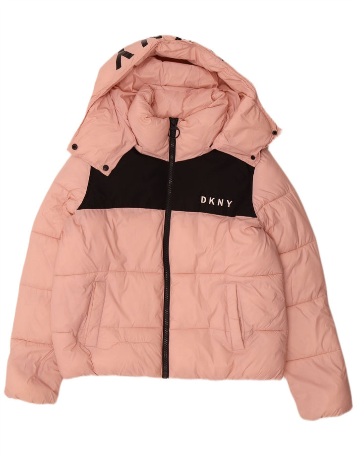 Jaqueta feminina acolchoada gráfica grande Dkny Reino Unido 16 grande bloco colorido rosa