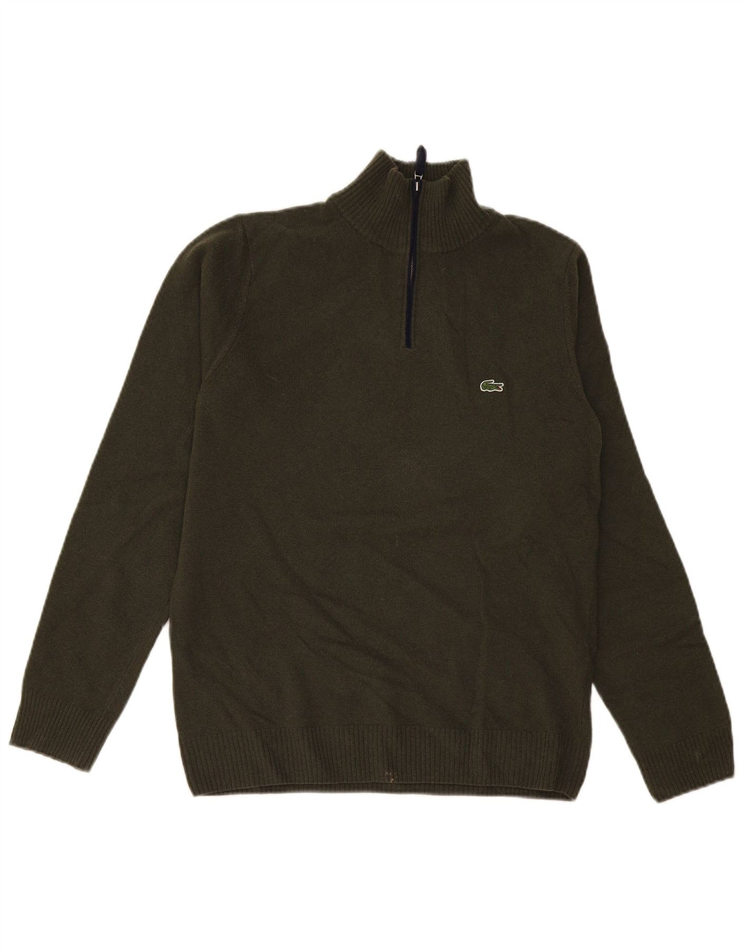 Suéter masculino Lacoste com zíper e gola tamanho 4, médio, cáqui, lã nova