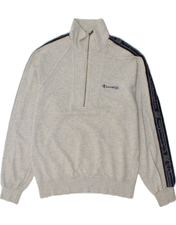 CHAMPION Mens Graphic Zip Neck Sweatshirt Jumper Small Grey Colourblock Vintage Champion and Second-Hand Champion from Messina Hembry 