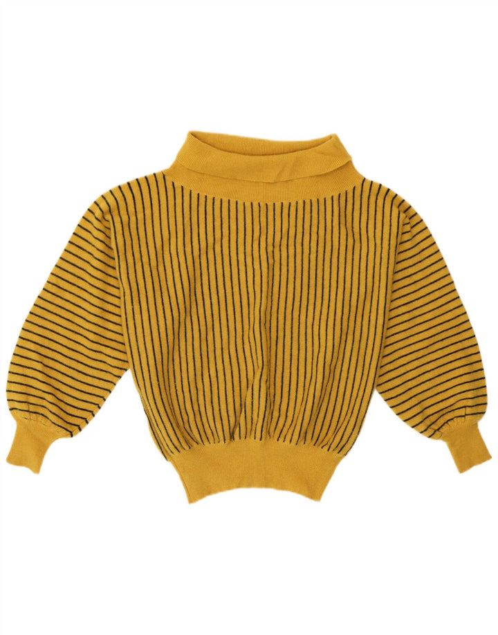 Suéter feminino vintage com gola redonda Reino Unido 12 listrado amarelo médio